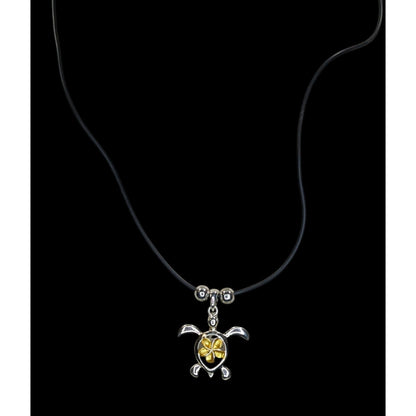 Signed Hawaii Souvenir Turtle & Flower Pendant Necklace Silver Gold Tone Tropical Jewelry