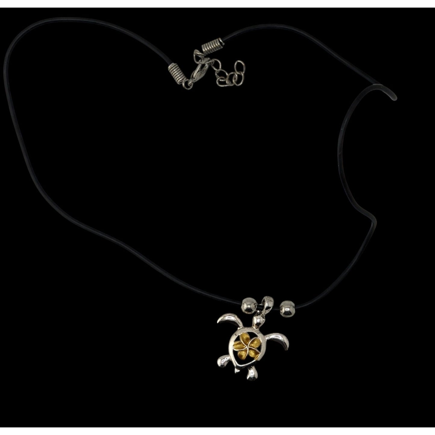 Signed Hawaii Souvenir Turtle & Flower Pendant Necklace Silver Gold Tone Tropical Jewelry