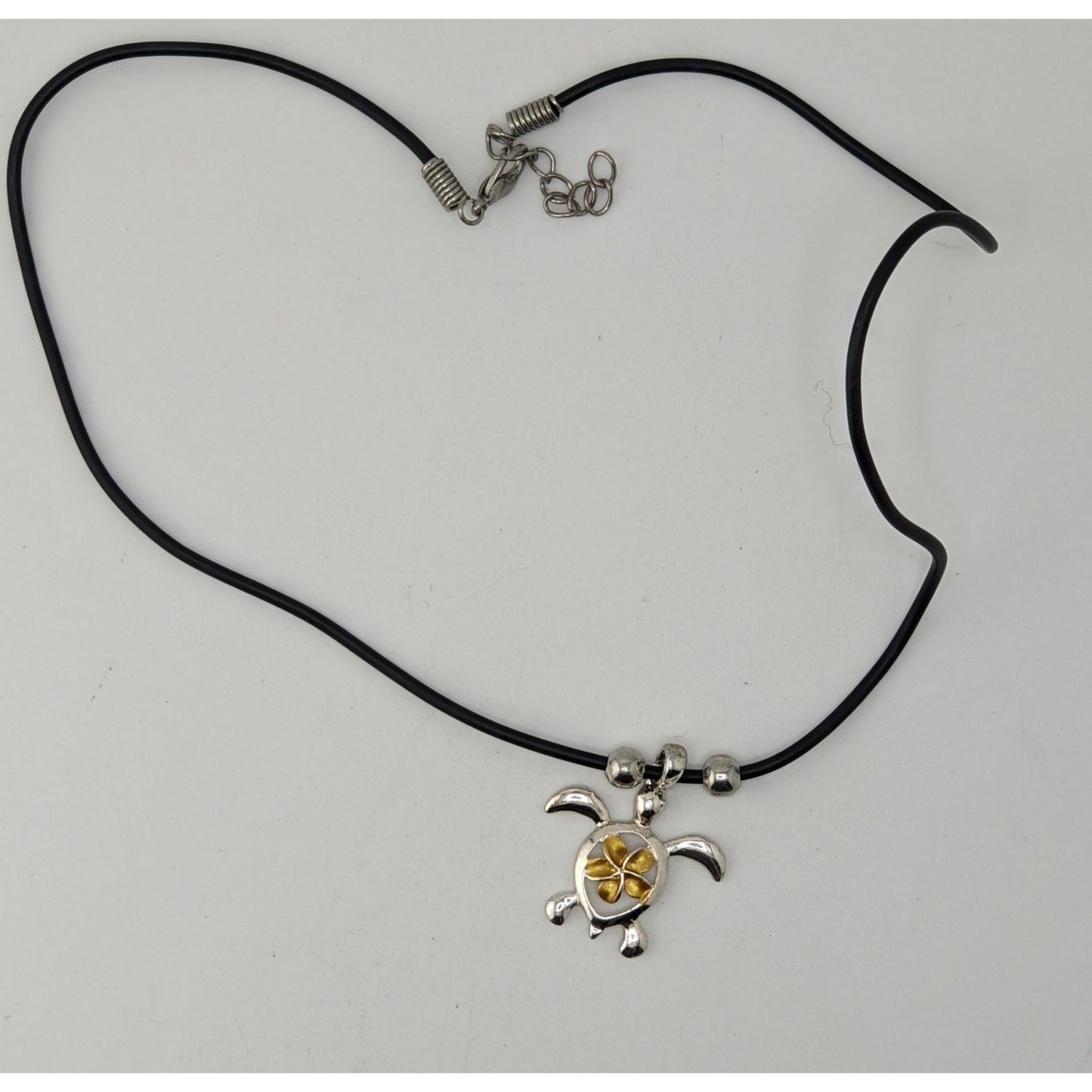Signed Hawaii Souvenir Turtle & Flower Pendant Necklace Silver Gold Tone Tropical Jewelry