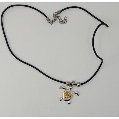 Signed Hawaii Souvenir Turtle & Flower Pendant Necklace Silver Gold Tone Tropical Jewelry