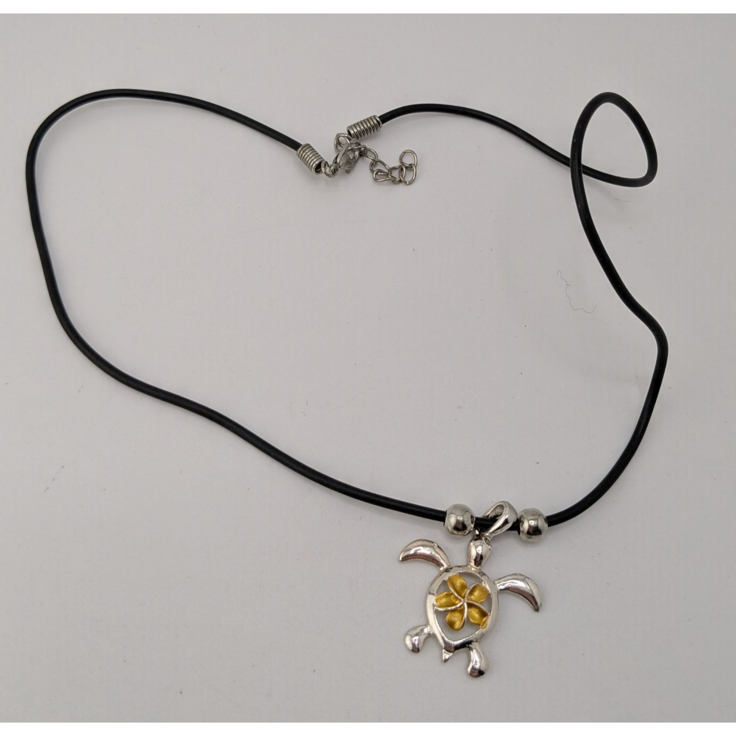 Signed Hawaii Souvenir Turtle & Flower Pendant Necklace Silver Gold Tone Tropical Jewelry