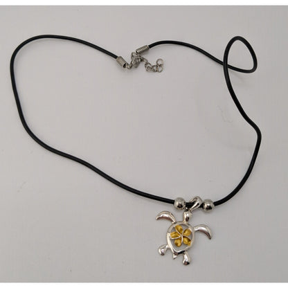Signed Hawaii Souvenir Turtle & Flower Pendant Necklace Silver Gold Tone Tropical Jewelry