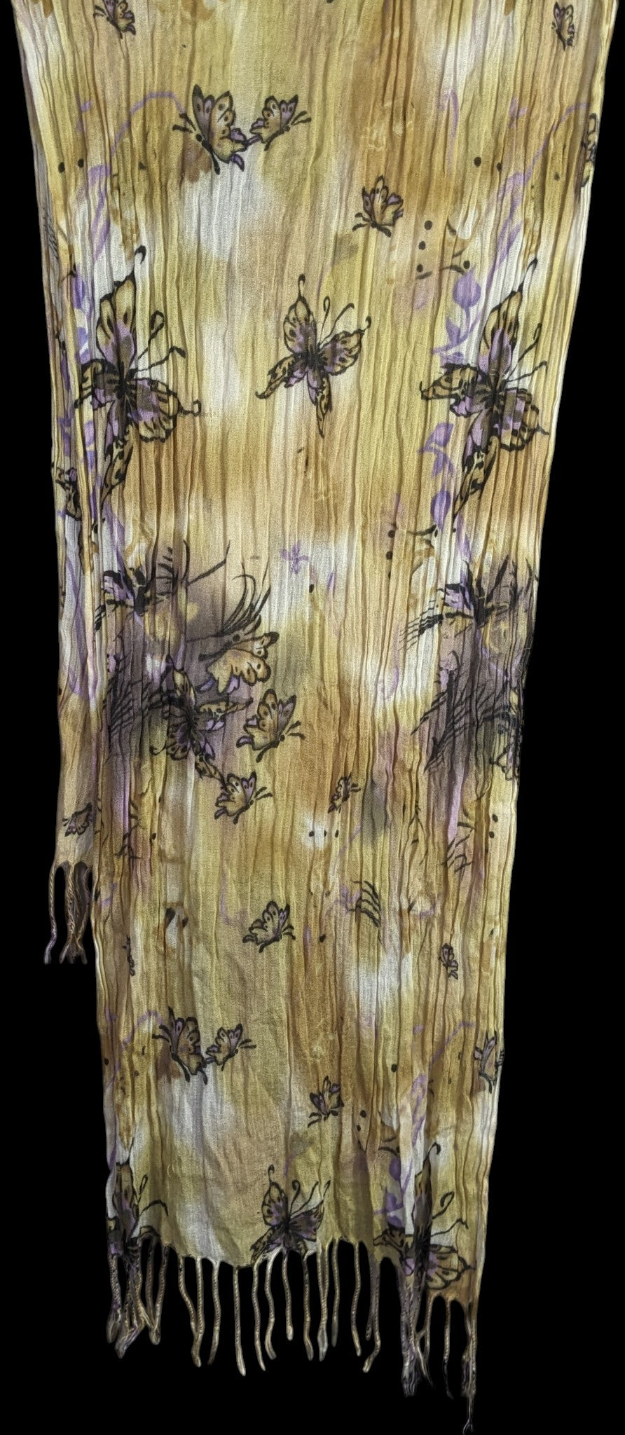 Fairycore Butterfly Pattern Lightweight Sheer Yellow Scarf With Lavender Accents & Fringe 64x24 Inches 4-Inch Fringe Edges