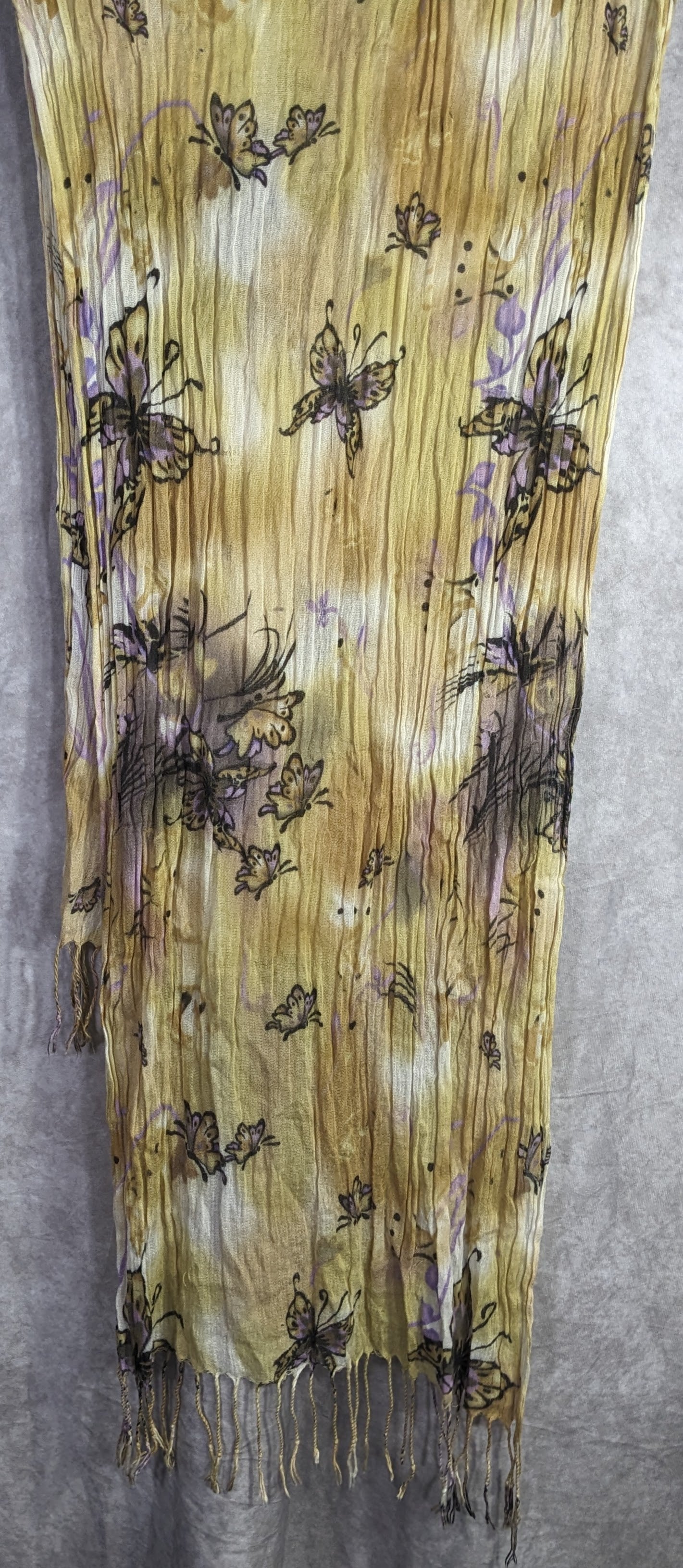 Fairycore Butterfly Pattern Lightweight Sheer Yellow Scarf With Lavender Accents & Fringe 64x24 Inches 4-Inch Fringe Edges