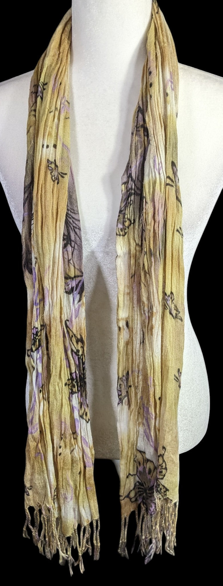 Fairycore Butterfly Pattern Lightweight Sheer Yellow Scarf With Lavender Accents & Fringe 64x24 Inches 4-Inch Fringe Edges