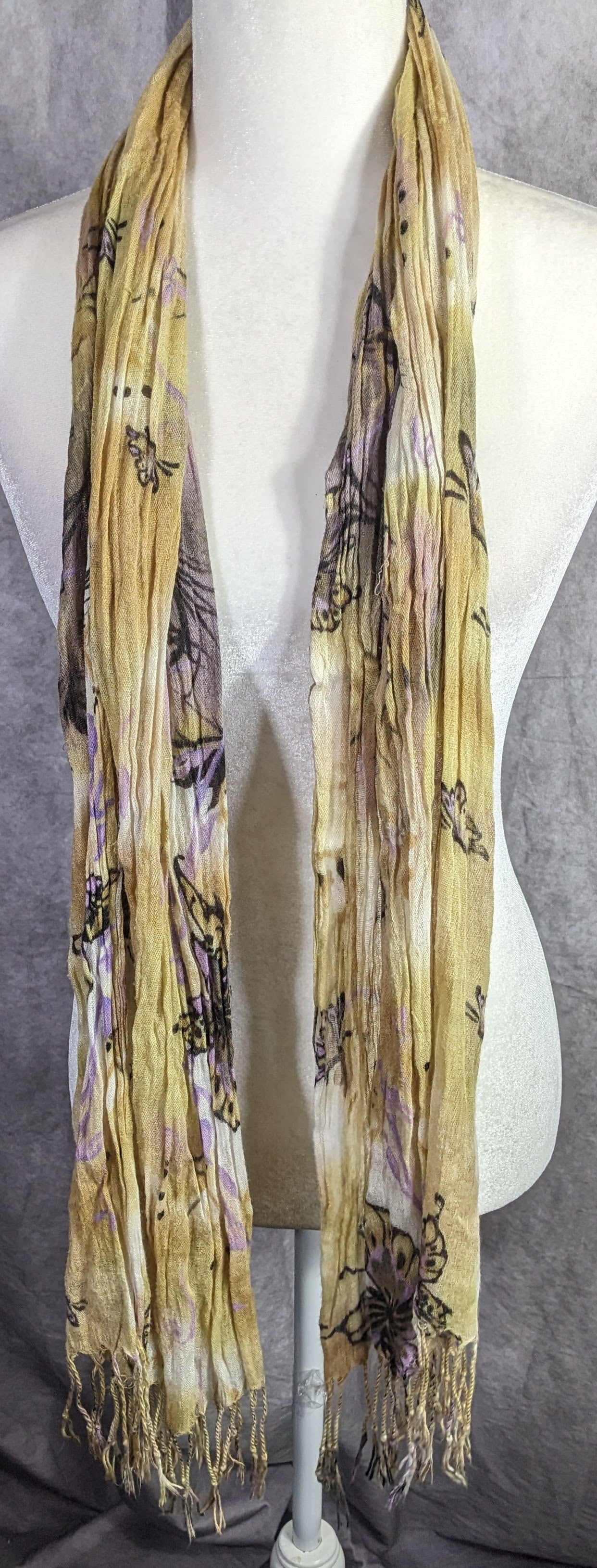 Fairycore Butterfly Pattern Lightweight Sheer Yellow Scarf With Lavender Accents & Fringe 64x24 Inches 4-Inch Fringe Edges