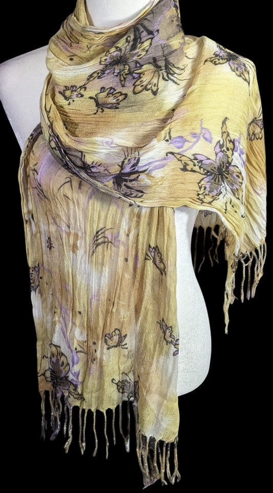 Fairycore Butterfly Pattern Lightweight Sheer Yellow Scarf With Lavender Accents & Fringe 64x24 Inches 4-Inch Fringe Edges