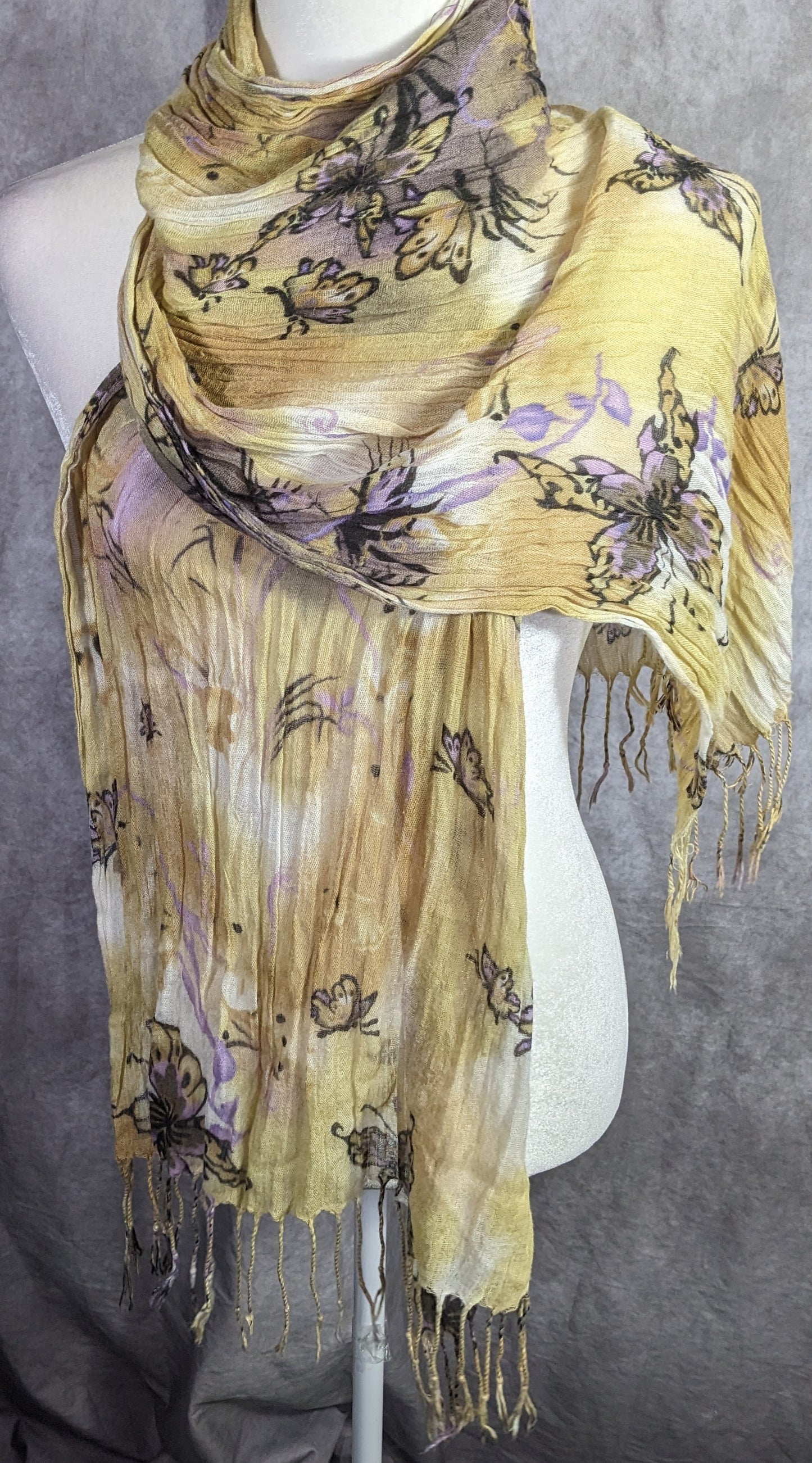 Fairycore Butterfly Pattern Lightweight Sheer Yellow Scarf With Lavender Accents & Fringe 64x24 Inches 4-Inch Fringe Edges