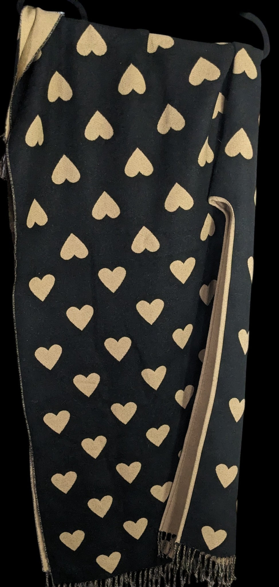 Heart Pattern Reversible Black & Tan Open Poncho Wrap With Fringe 28 Inches Long