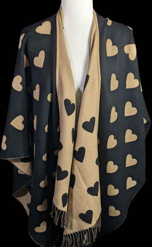 Heart Pattern Reversible Black & Tan Open Poncho Wrap With Fringe 28 Inches Long