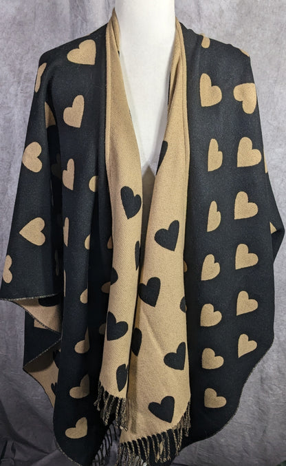 Heart Pattern Reversible Black & Tan Open Poncho Wrap With Fringe 28 Inches Long