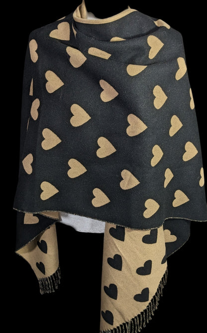 Heart Pattern Reversible Black & Tan Open Poncho Wrap With Fringe 28 Inches Long