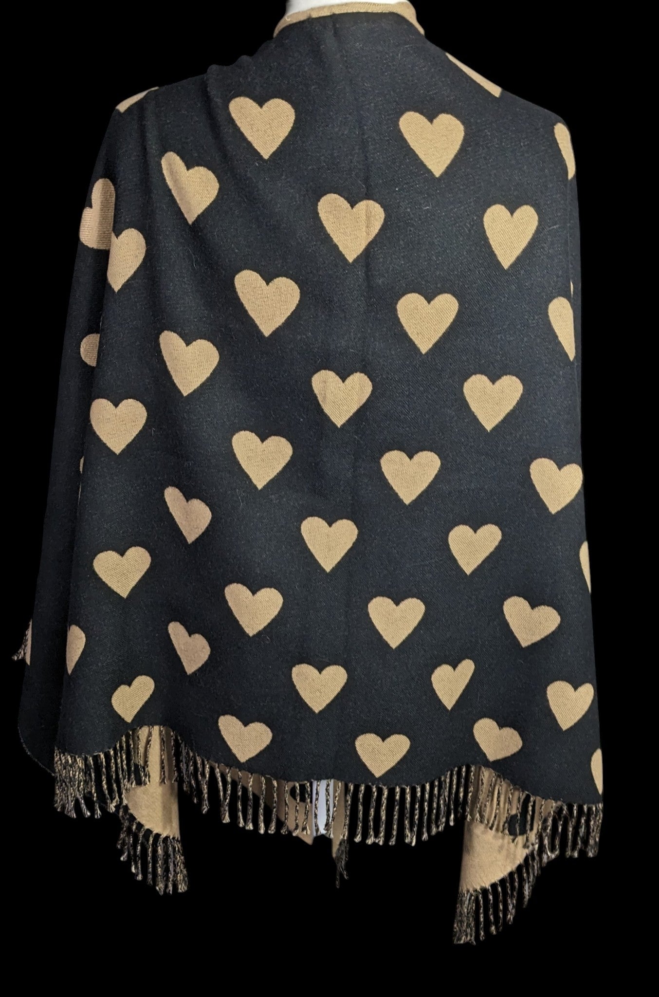 Heart Pattern Reversible Black & Tan Open Poncho Wrap With Fringe 28 Inches Long