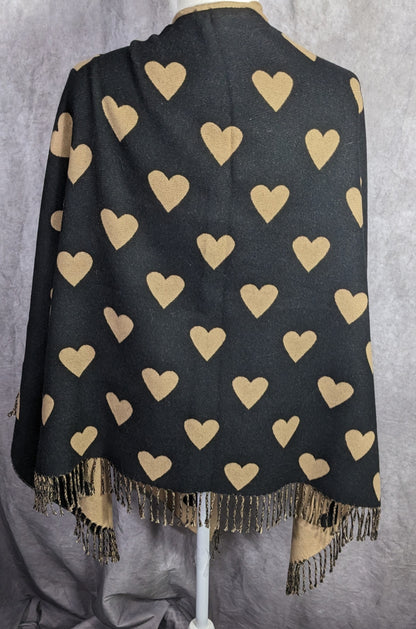 Heart Pattern Reversible Black & Tan Open Poncho Wrap With Fringe 28 Inches Long