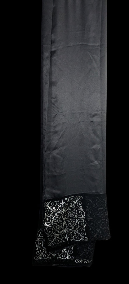 Black Gothic Satin & Velvet Scarf With Silver Accents 21x80 Elegant Wrap