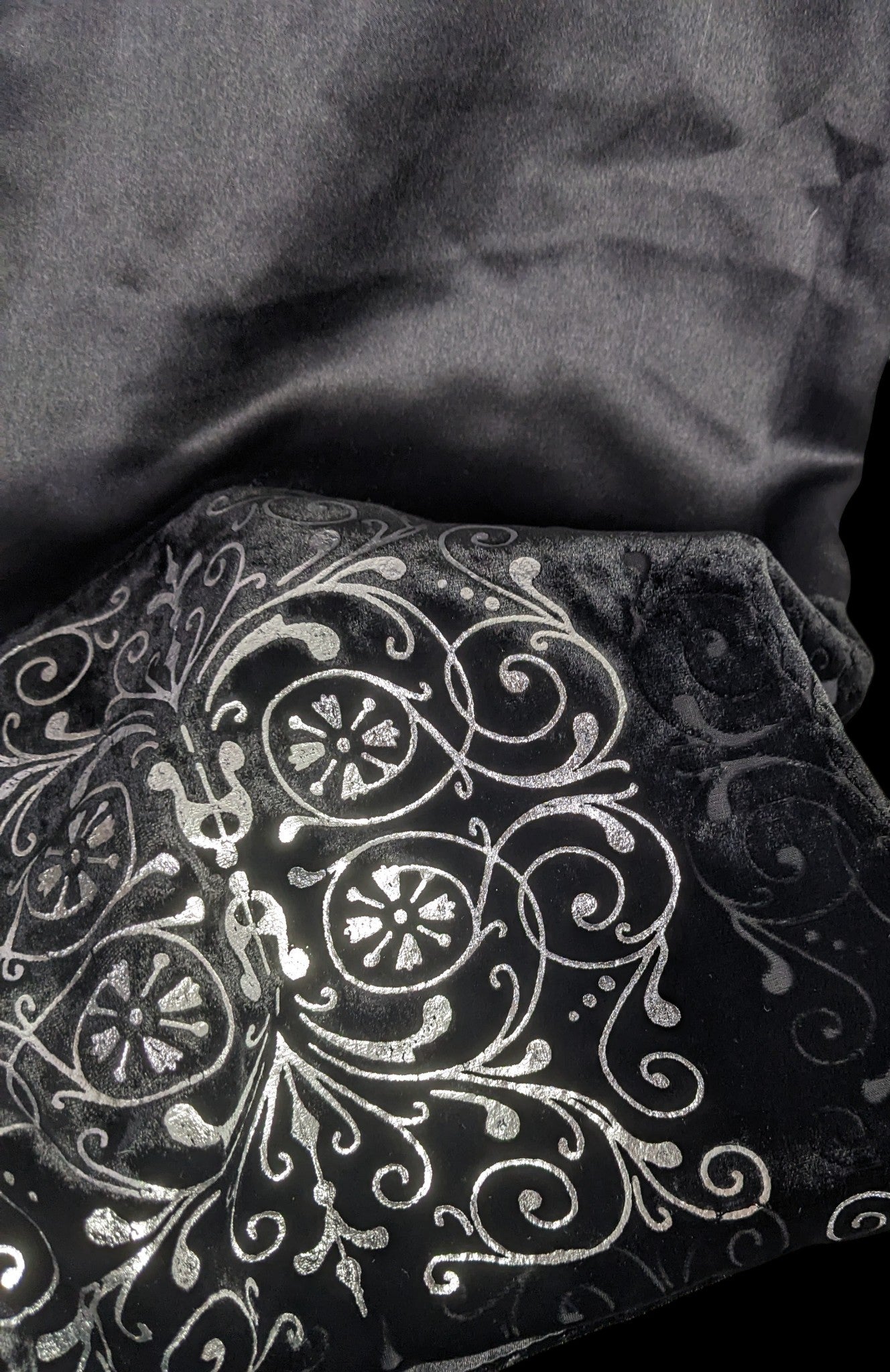 Black Gothic Satin & Velvet Scarf With Silver Accents 21x80 Elegant Wrap