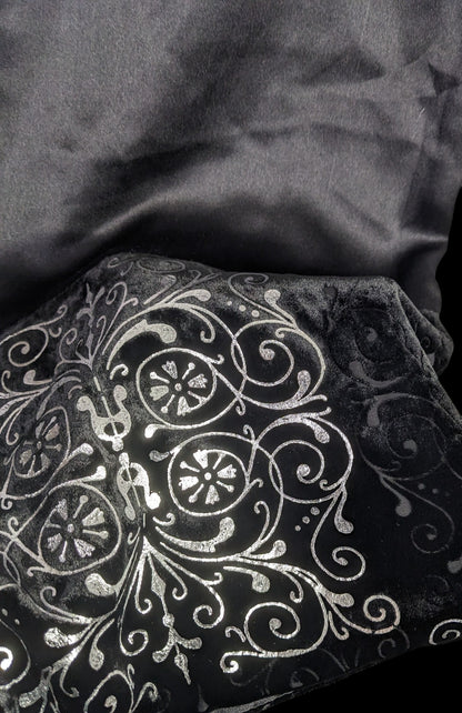 Black Gothic Satin & Velvet Scarf With Silver Accents 21x80 Elegant Wrap