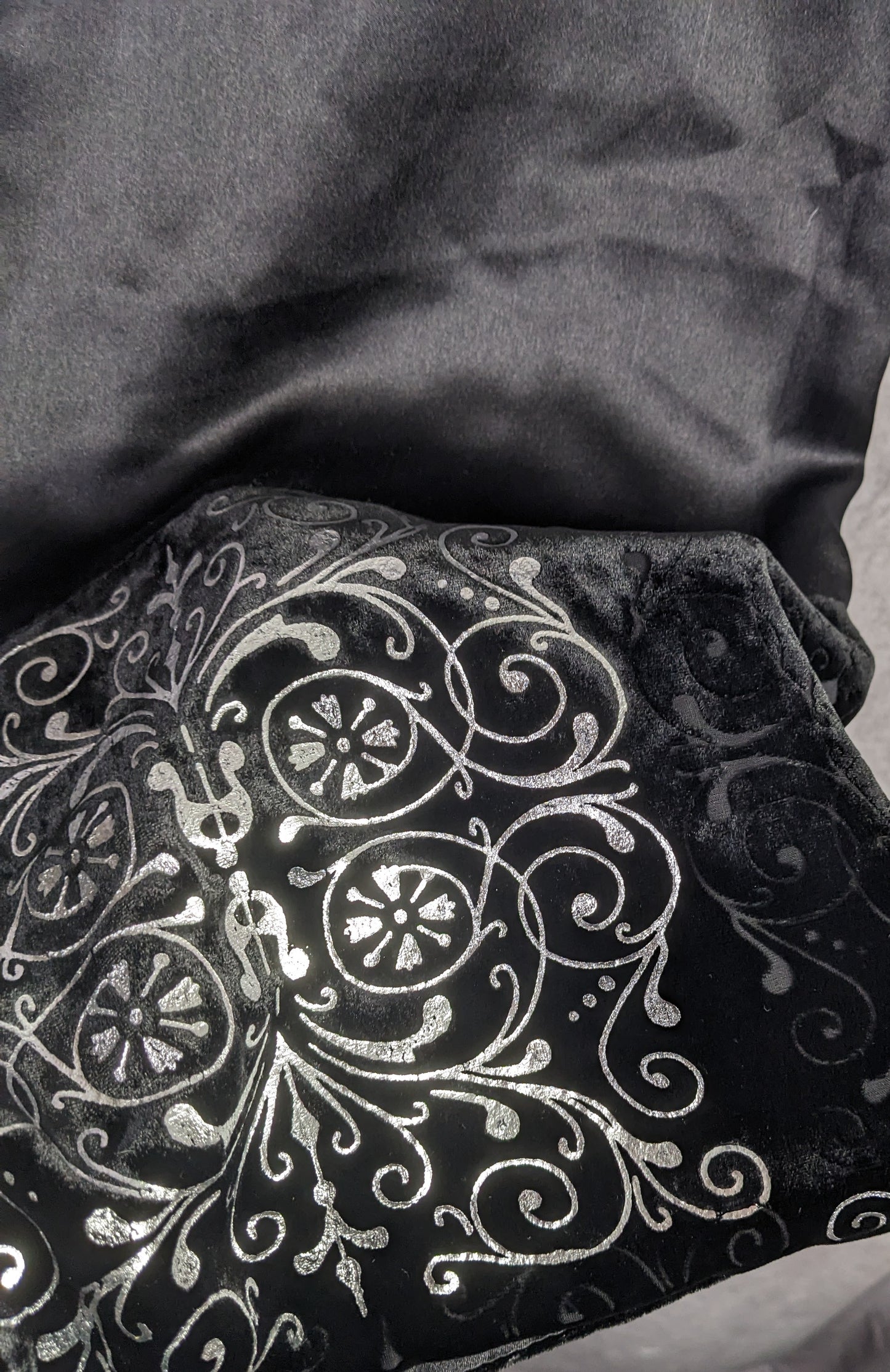 Black Gothic Satin & Velvet Scarf With Silver Accents 21x80 Elegant Wrap