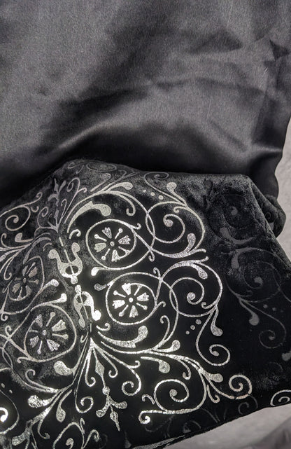 Black Gothic Satin & Velvet Scarf With Silver Accents 21x80 Elegant Wrap