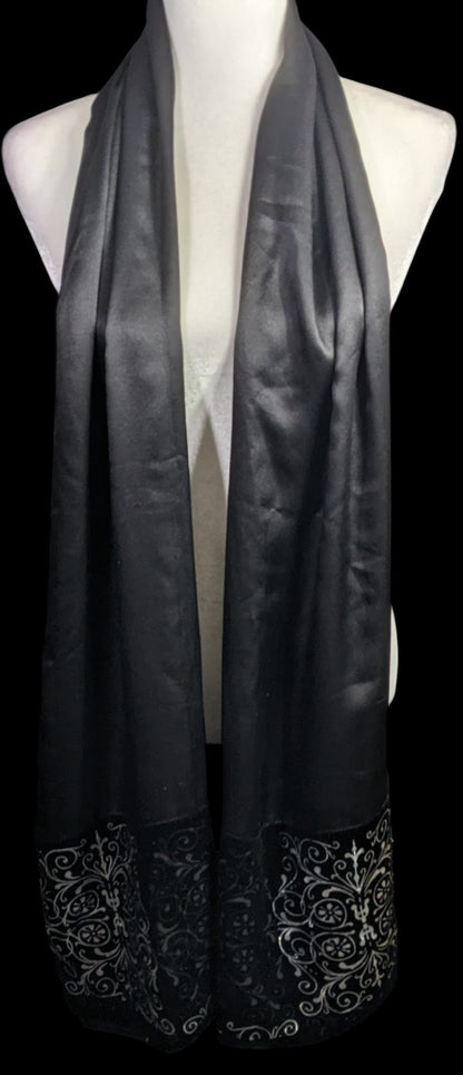 Black Gothic Satin & Velvet Scarf With Silver Accents 21x80 Elegant Wrap