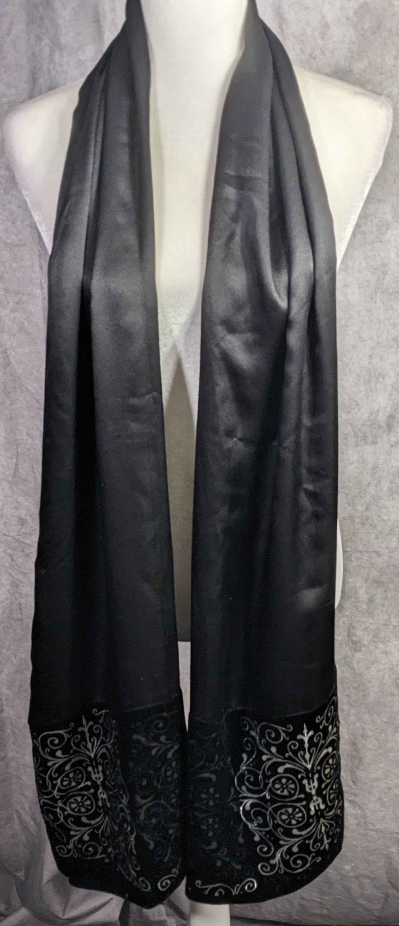 Black Gothic Satin & Velvet Scarf With Silver Accents 21x80 Elegant Wrap
