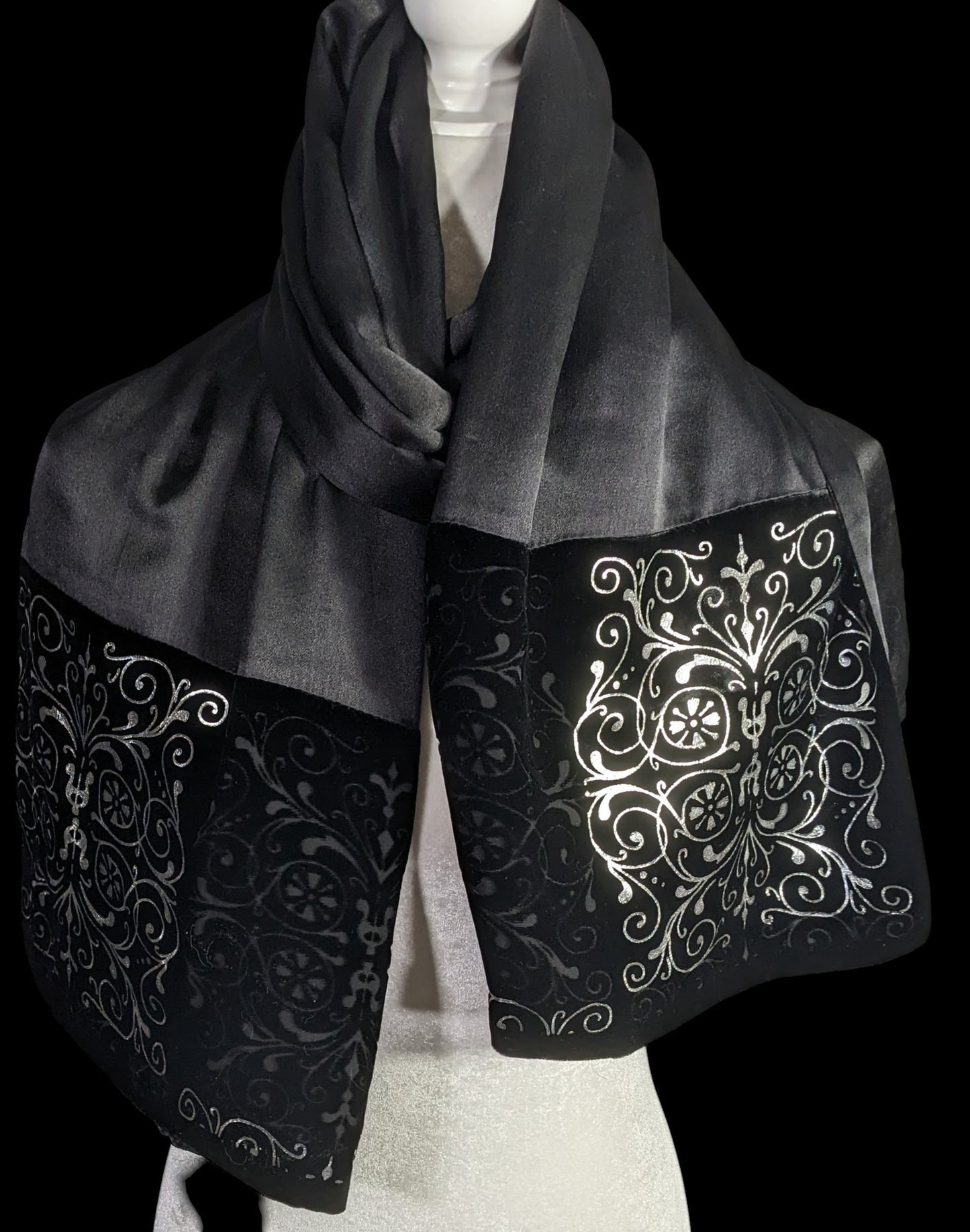 Black Gothic Satin & Velvet Scarf With Silver Accents 21x80 Elegant Wrap