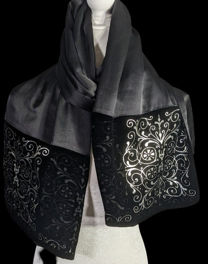 Black Gothic Satin & Velvet Scarf With Silver Accents 21x80 Elegant Wrap