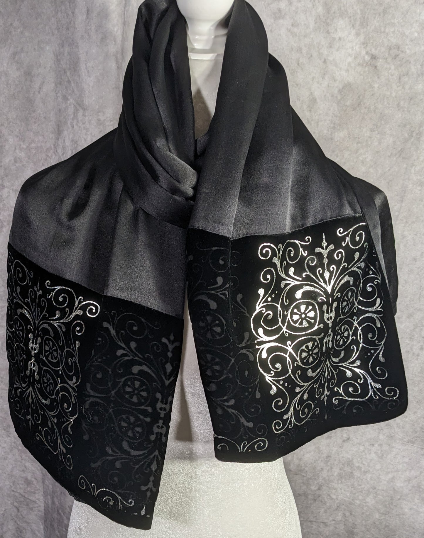 Black Gothic Satin & Velvet Scarf With Silver Accents 21x80 Elegant Wrap
