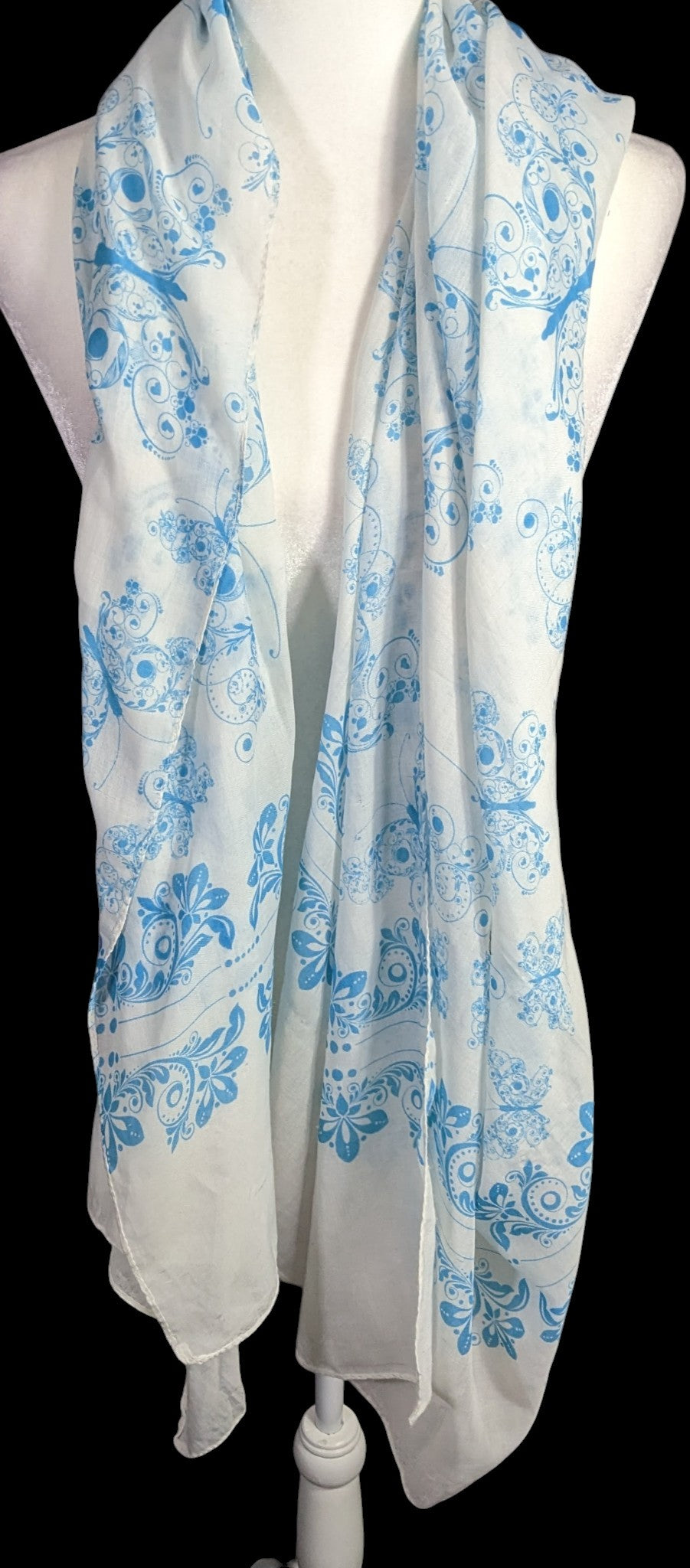 Bohemian Whimsical Blue Butterfly Print Lightweight Scarf Wrap 37x73 Inches