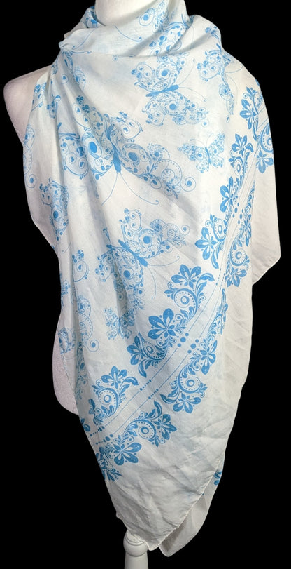 Bohemian Whimsical Blue Butterfly Print Lightweight Scarf Wrap 37x73 Inches