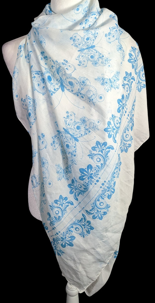 Bohemian Whimsical Blue Butterfly Print Lightweight Scarf Wrap 37x73 Inches