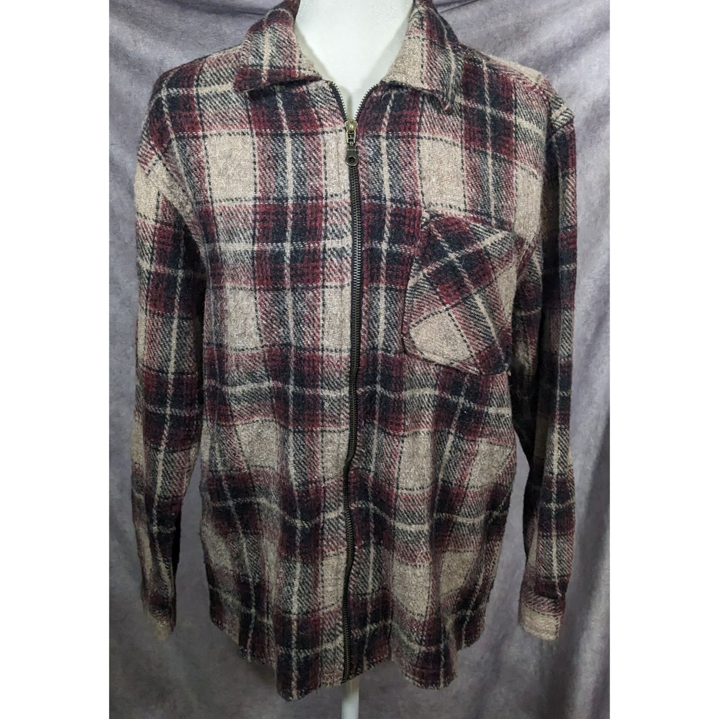 Vintage Prete Wool Zip Up Red And Grey Plaid Jacket