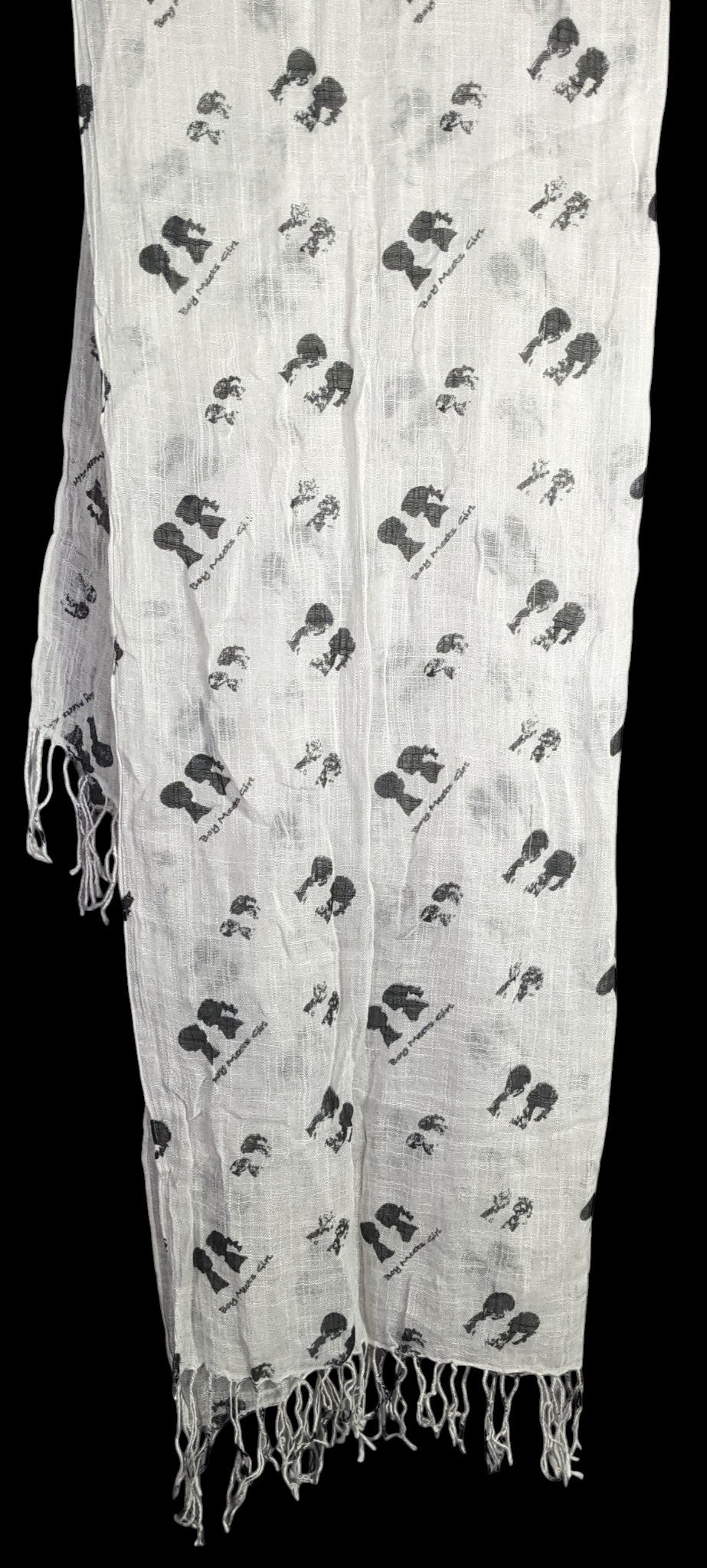 Boy Meets Girl Lightweight White Scarf With Black Silhouette Print & Fringe