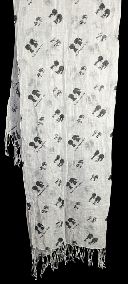 Boy Meets Girl Lightweight White Scarf With Black Silhouette Print & Fringe