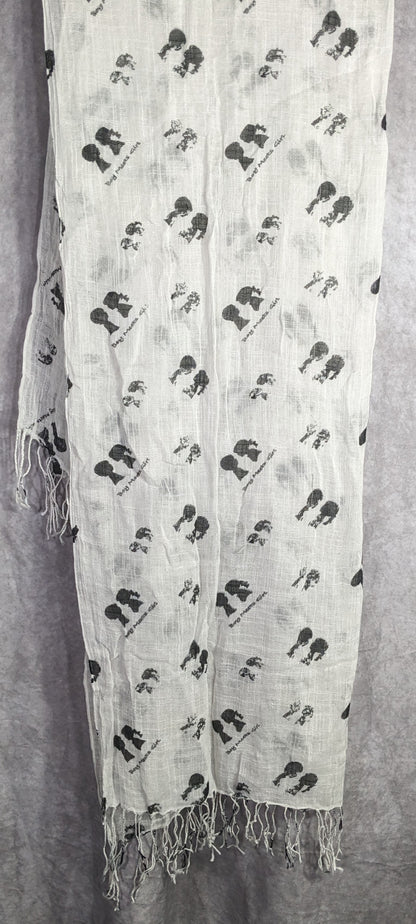 Boy Meets Girl Lightweight White Scarf With Black Silhouette Print & Fringe