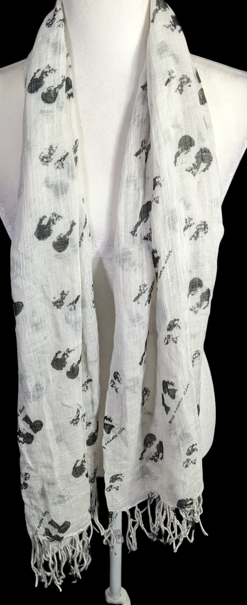 Boy Meets Girl Lightweight White Scarf With Black Silhouette Print & Fringe