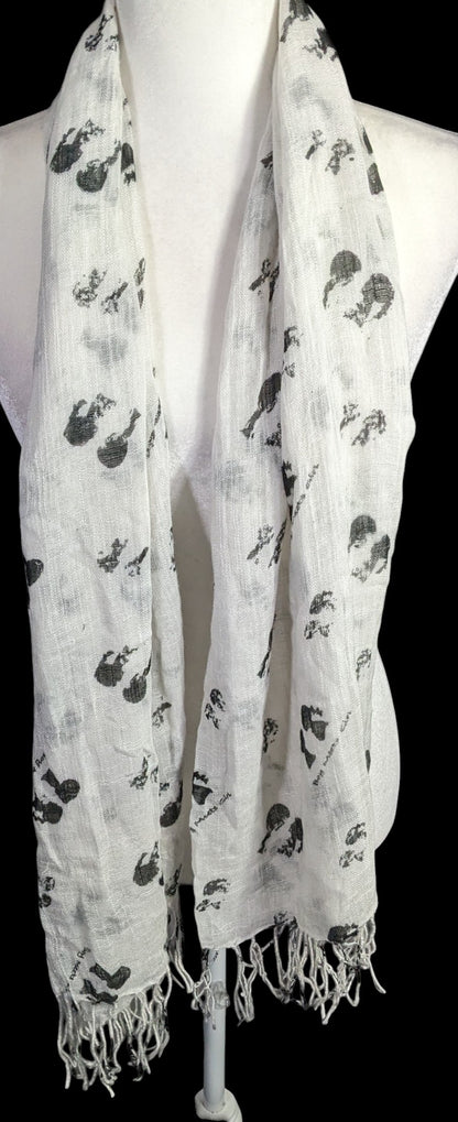 Boy Meets Girl Lightweight White Scarf With Black Silhouette Print & Fringe