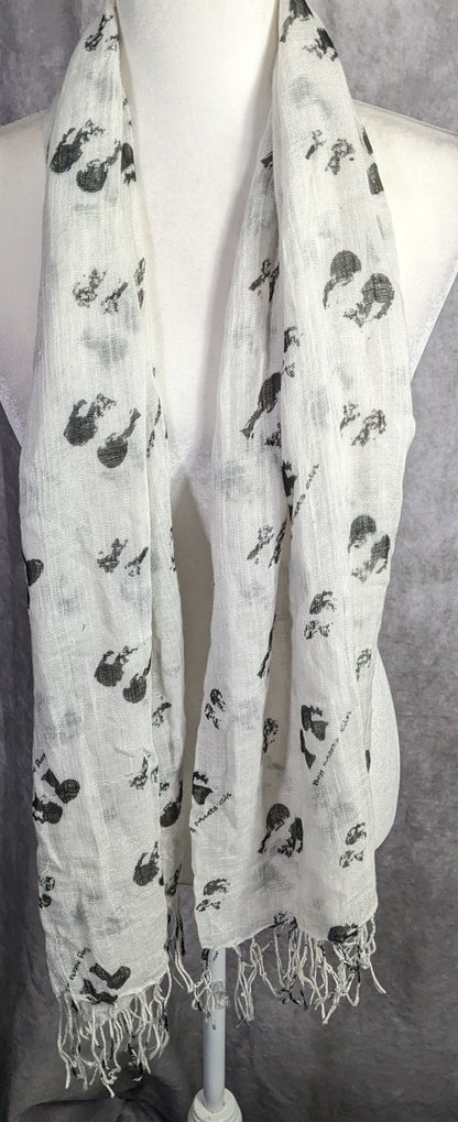 Boy Meets Girl Lightweight White Scarf With Black Silhouette Print & Fringe