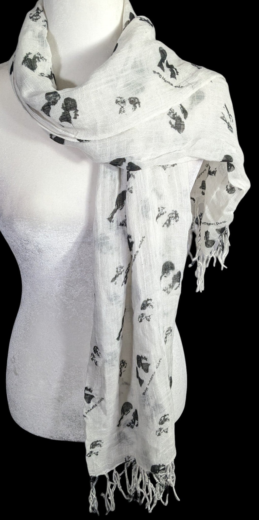 Boy Meets Girl Lightweight White Scarf With Black Silhouette Print & Fringe
