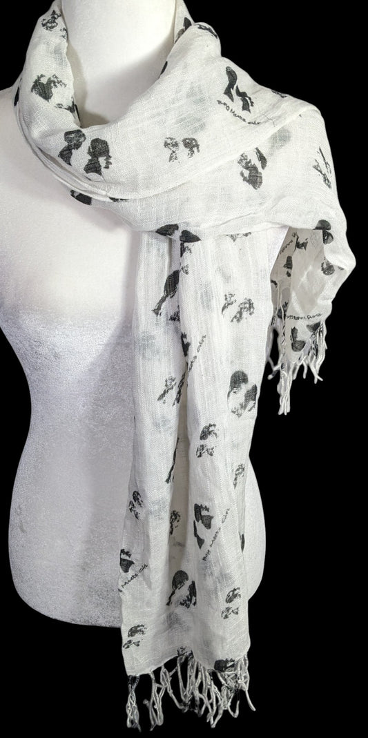 Boy Meets Girl Lightweight White Scarf With Black Silhouette Print & Fringe