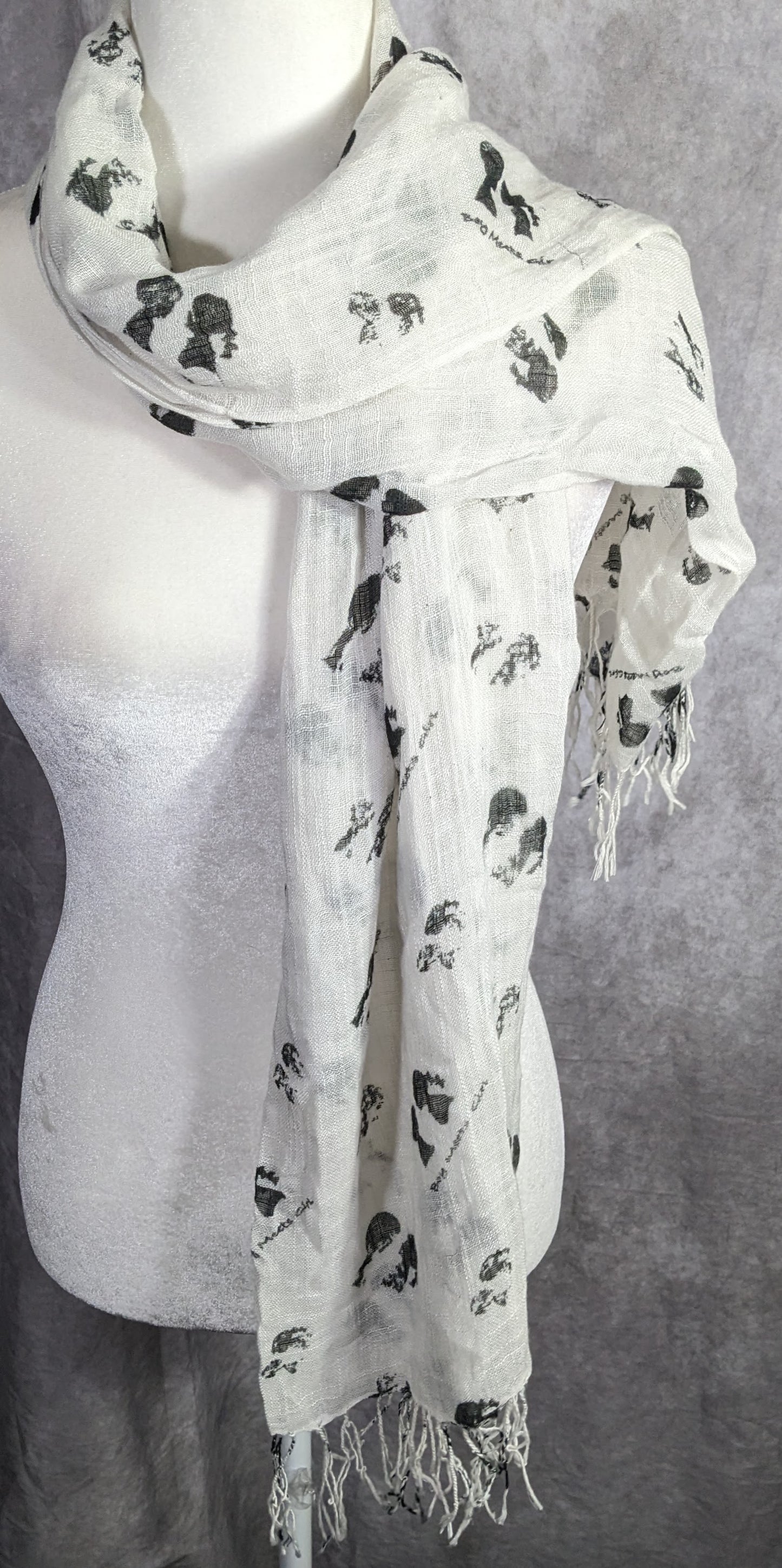 Boy Meets Girl Lightweight White Scarf With Black Silhouette Print & Fringe