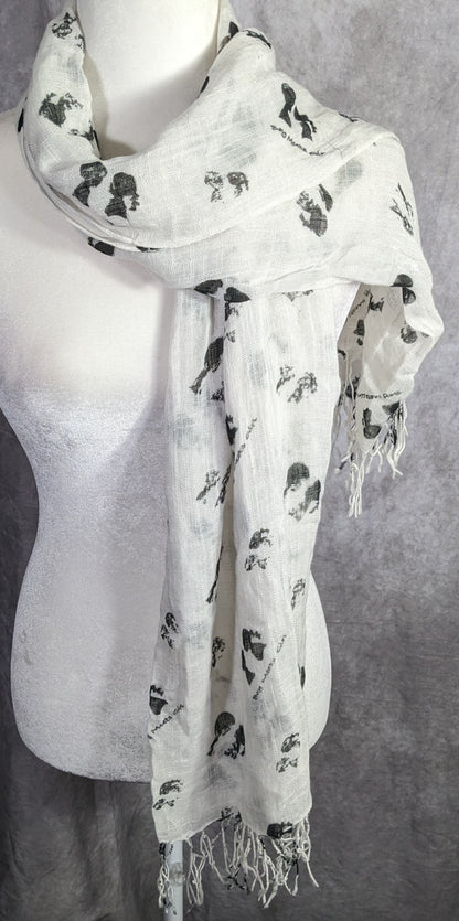 Boy Meets Girl Lightweight White Scarf With Black Silhouette Print & Fringe