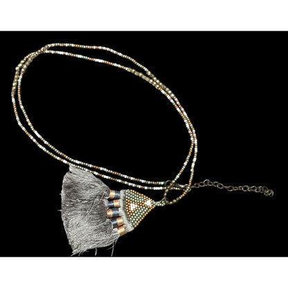 Handmade Boho Grey And Gold Tone Glass Beaded Thread Tassel Necklace