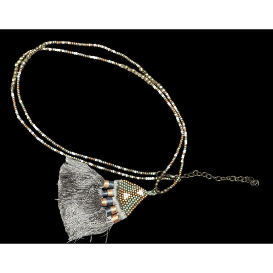 Handmade Boho Grey And Gold Tone Glass Beaded Thread Tassel Necklace