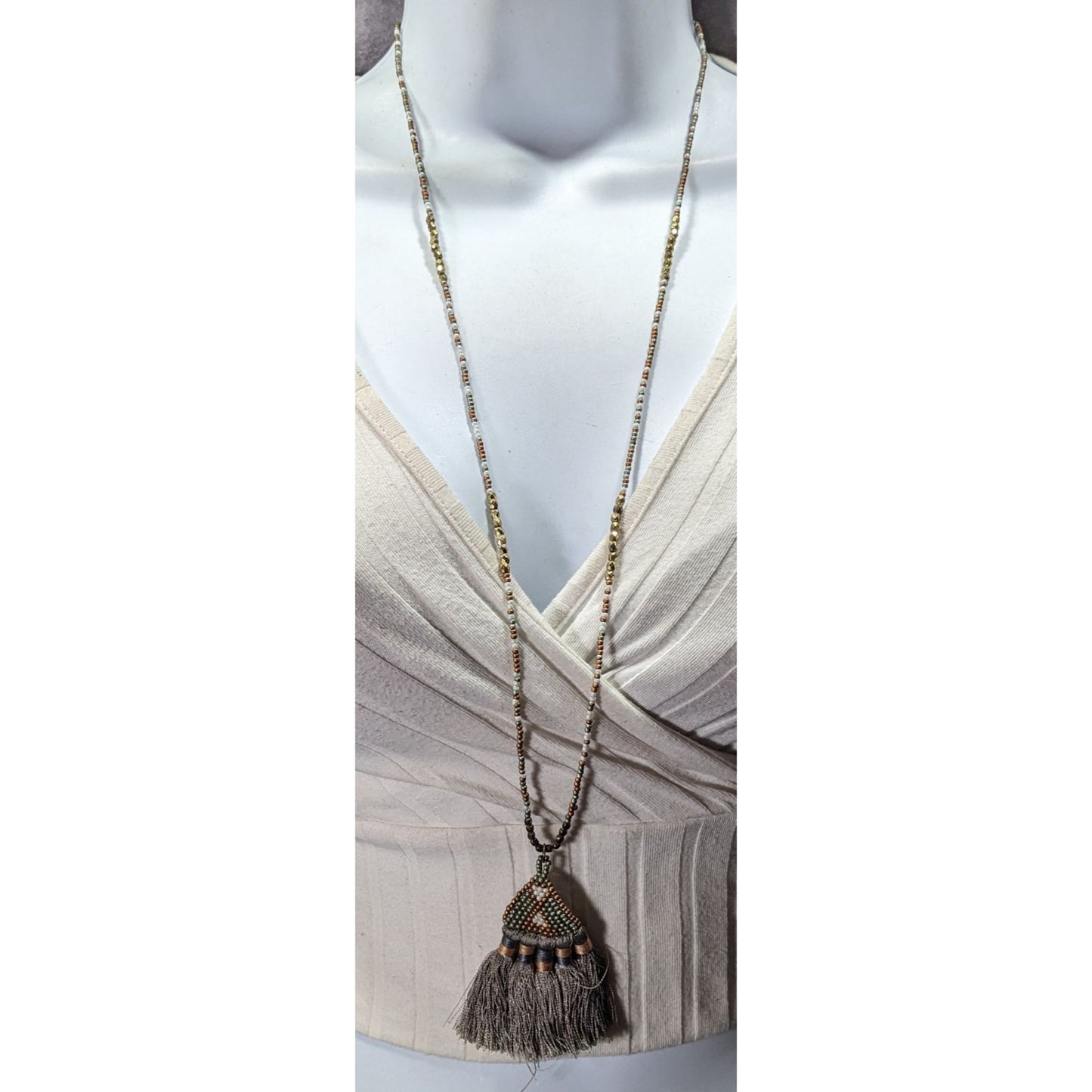 Handmade Boho Grey And Gold Tone Glass Beaded Thread Tassel Necklace