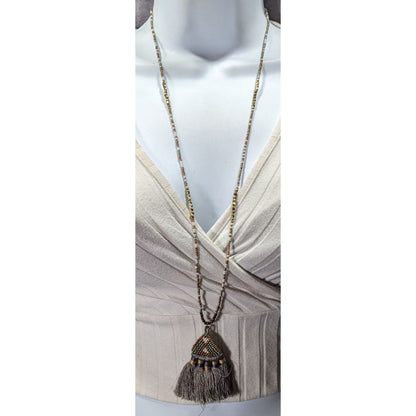 Handmade Boho Grey And Gold Tone Glass Beaded Thread Tassel Necklace