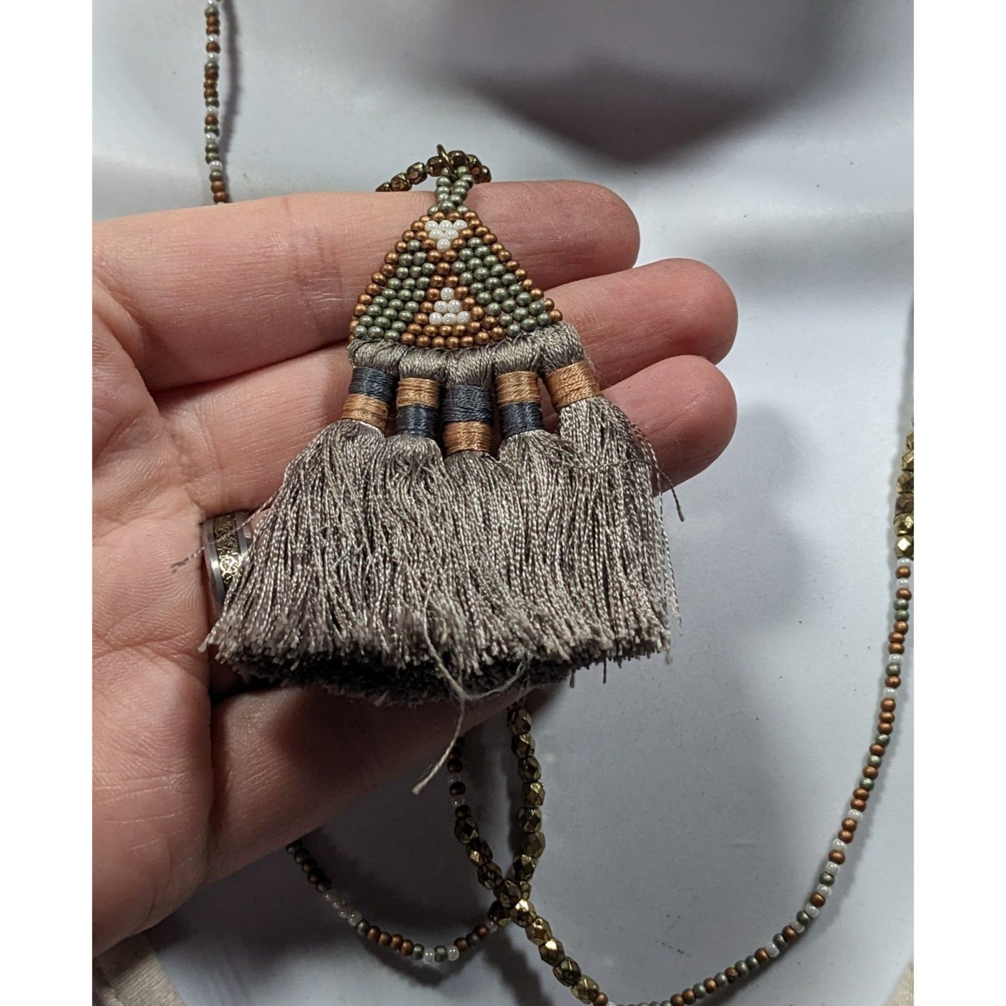Handmade Boho Grey And Gold Tone Glass Beaded Thread Tassel Necklace