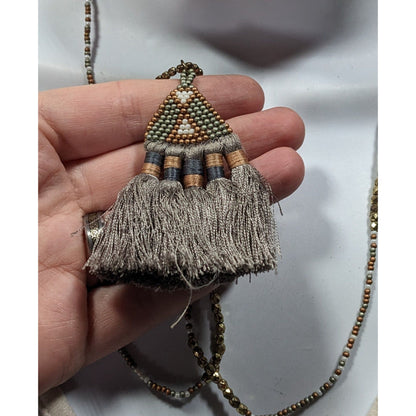 Handmade Boho Grey And Gold Tone Glass Beaded Thread Tassel Necklace