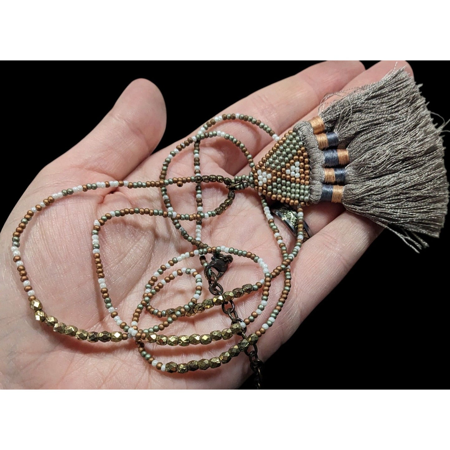 Handmade Boho Grey And Gold Tone Glass Beaded Thread Tassel Necklace