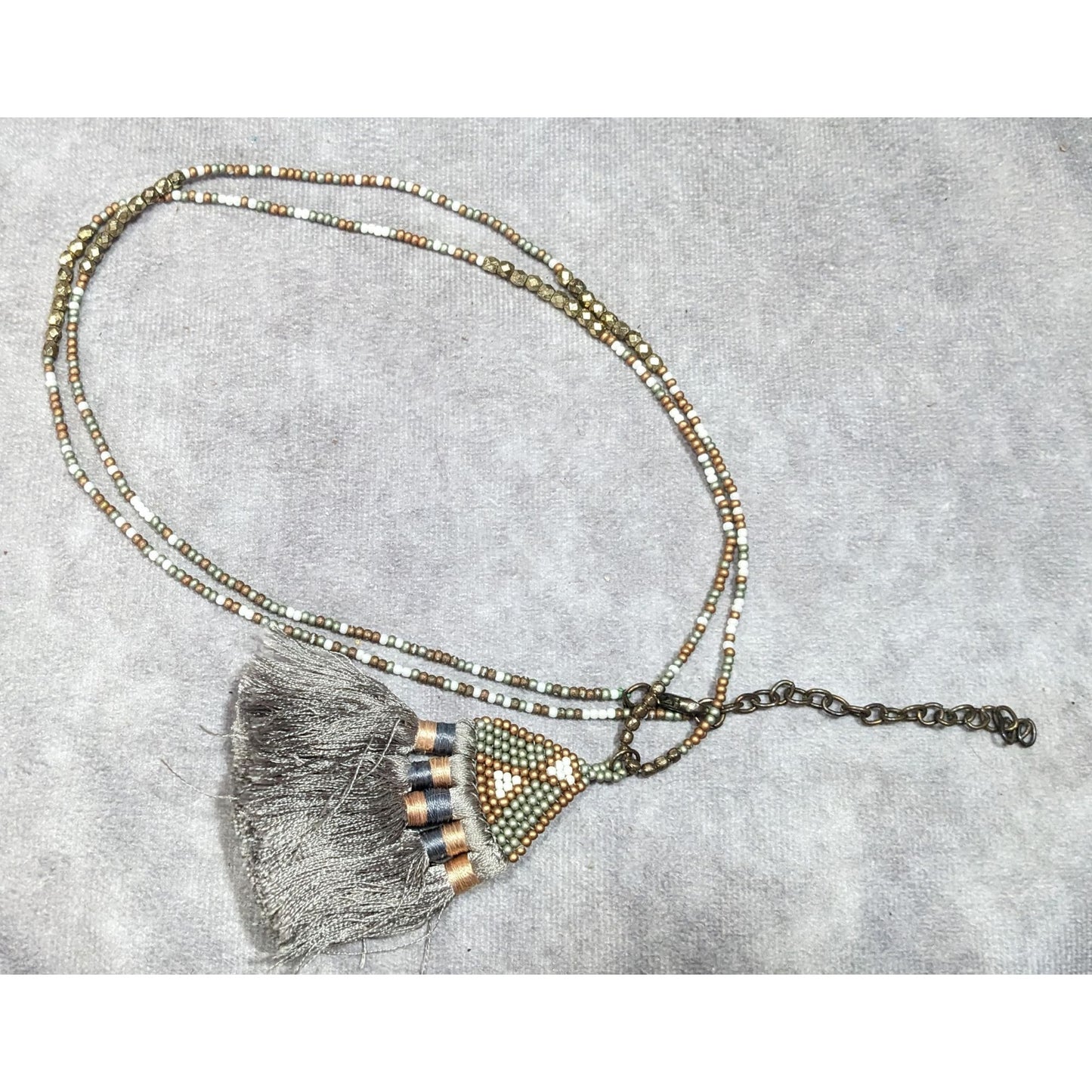 Handmade Boho Grey And Gold Tone Glass Beaded Thread Tassel Necklace